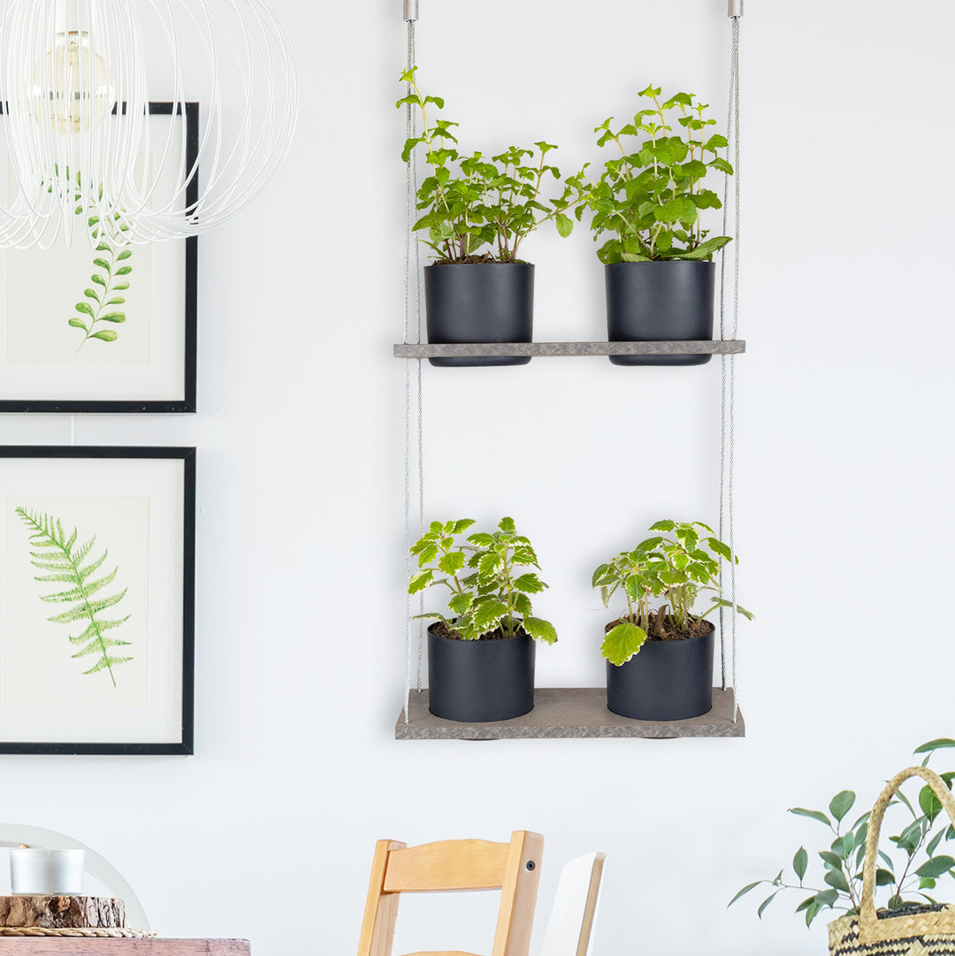 ceiling rack for plants Vioscapes Garden Decor Square Hanging Shelf with 2 Pots Stone Gray